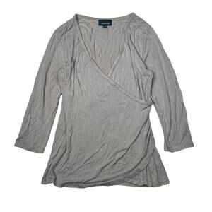 ModCloth V-Neck Ruched Suplice 3/4 Sleeve Top Shirt Gray Womens Medium